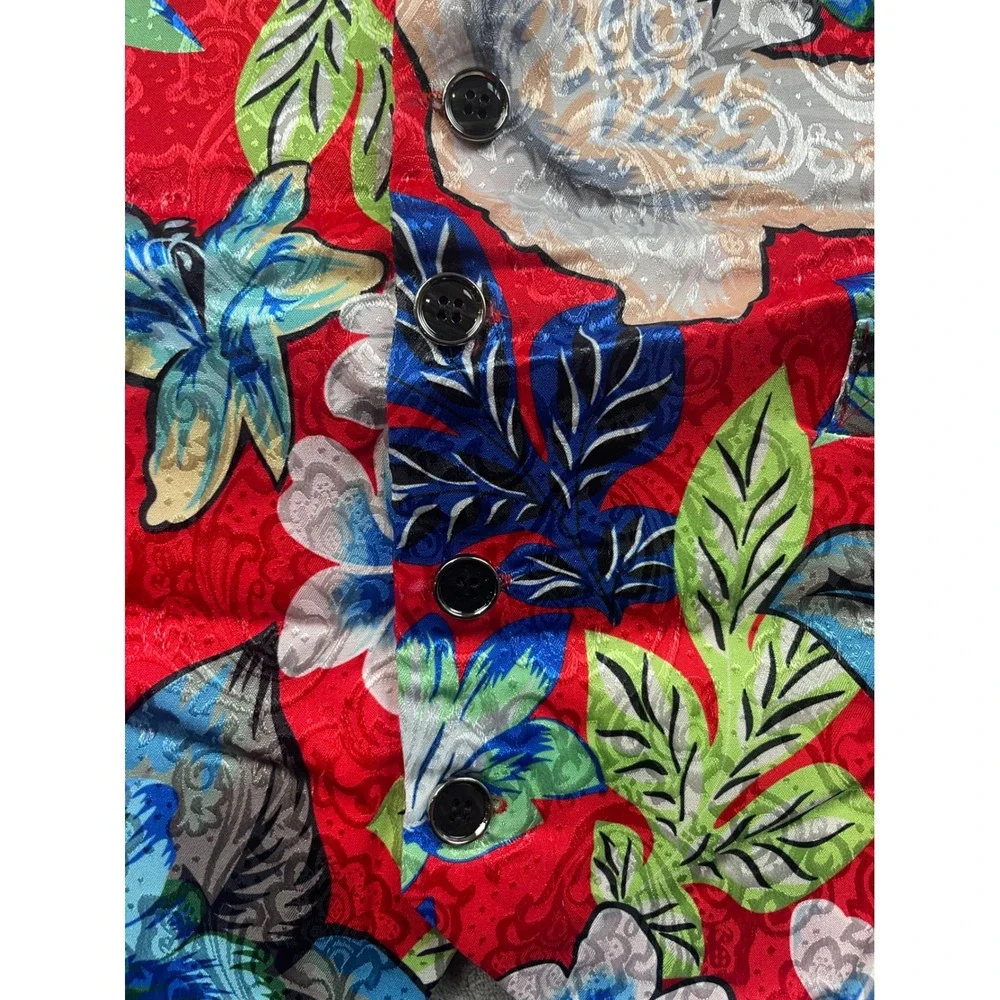 VATPAVE Mens Floral Print Vest Red Blue Green Satin Look Slim Fit‎ Tuxedo Style